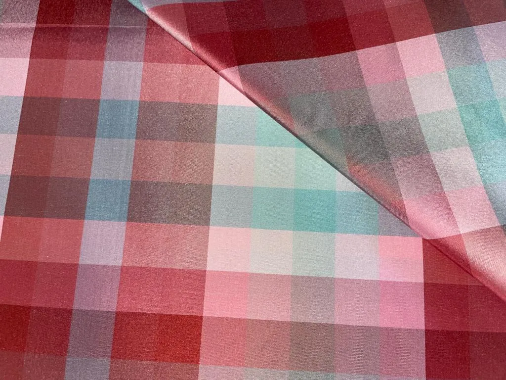 100% PURE SILK TAFFETA FABRIC DUSTY BLUE AND PINK PLAIDS 54" wide TAFC50[2]