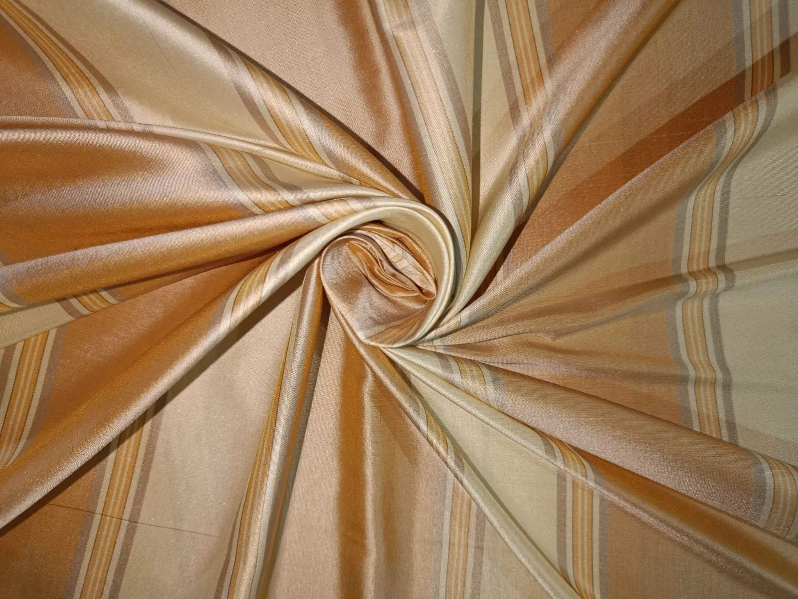 100% Silk Taffeta Fabric Gold,Cafe Creme & Golden Cream stripes color 54"wide TAF#S99