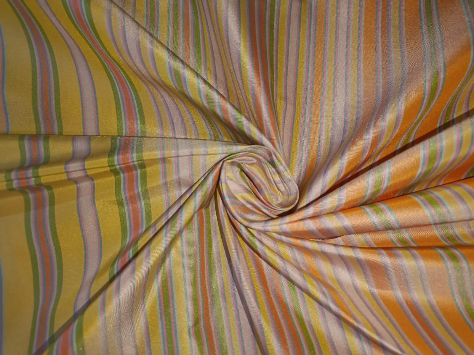 100%Silk Taffeta Fabric Butter Cream, Light neon Orange & Neon Green Stripes 54"wide TAF#S101