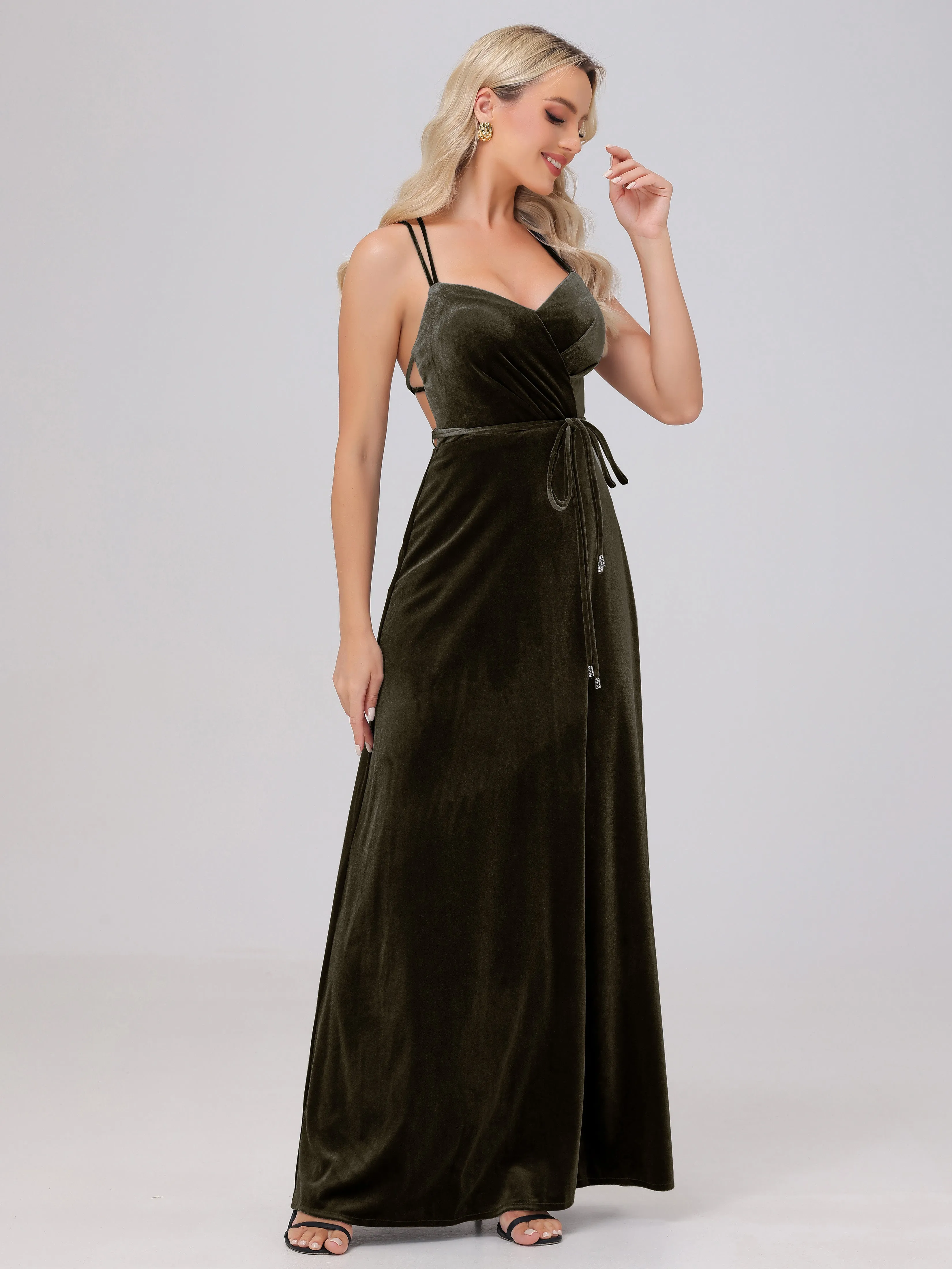 A-Line Sweetheart Criss-Cross Straps Long Velvet Bridesmaid Dresses