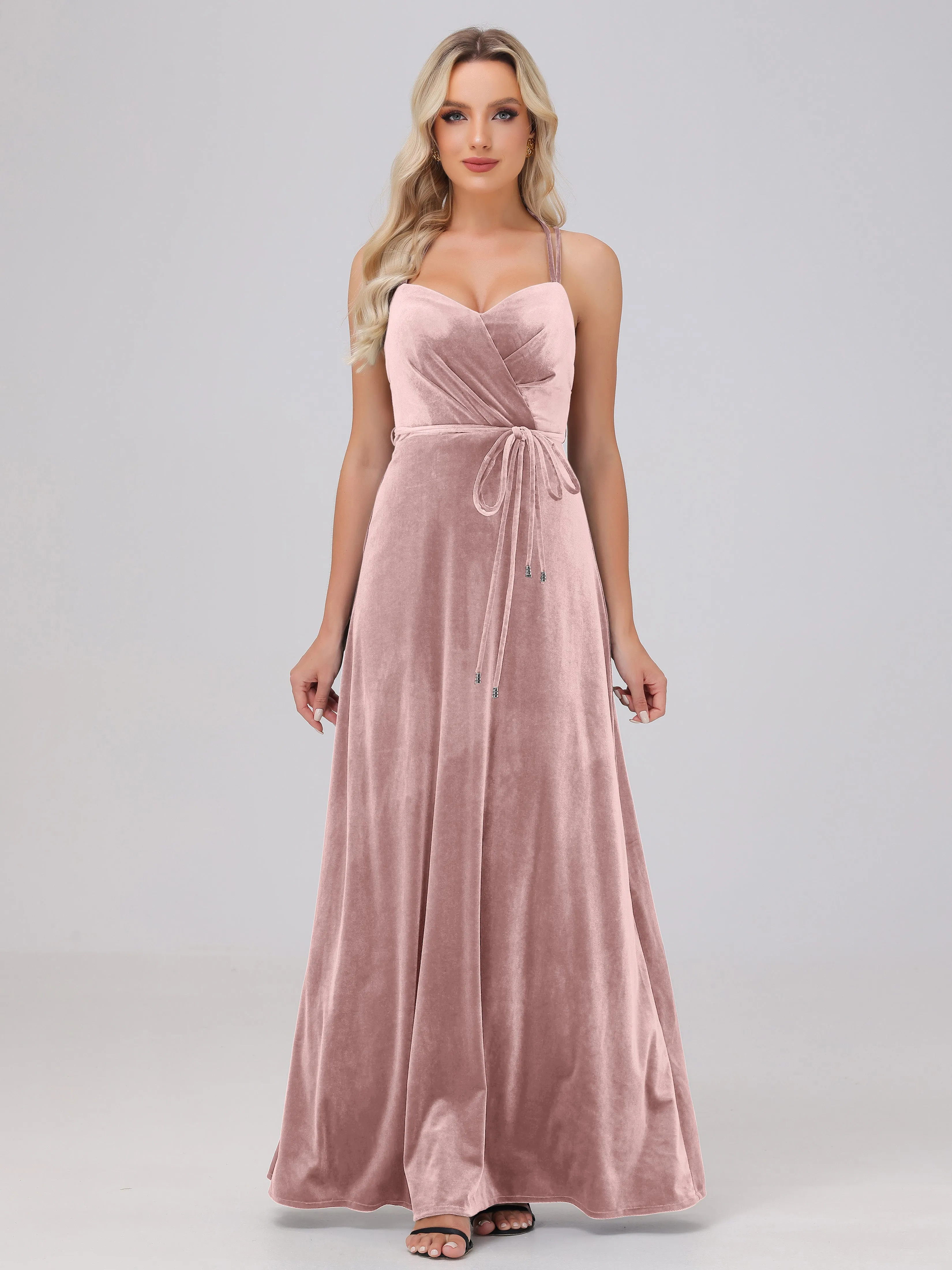 A-Line Sweetheart Criss-Cross Straps Long Velvet Bridesmaid Dresses