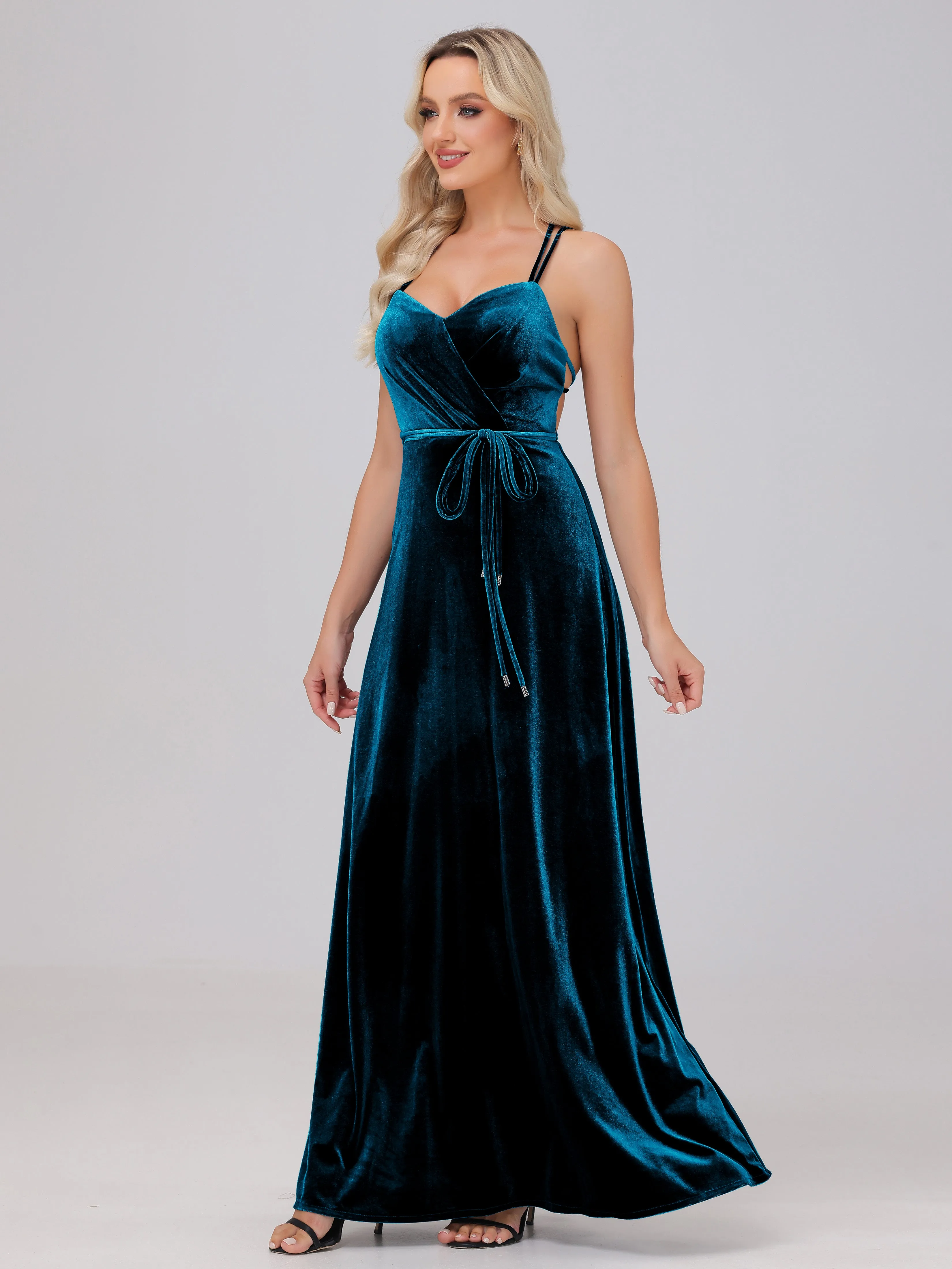 A-Line Sweetheart Criss-Cross Straps Long Velvet Bridesmaid Dresses