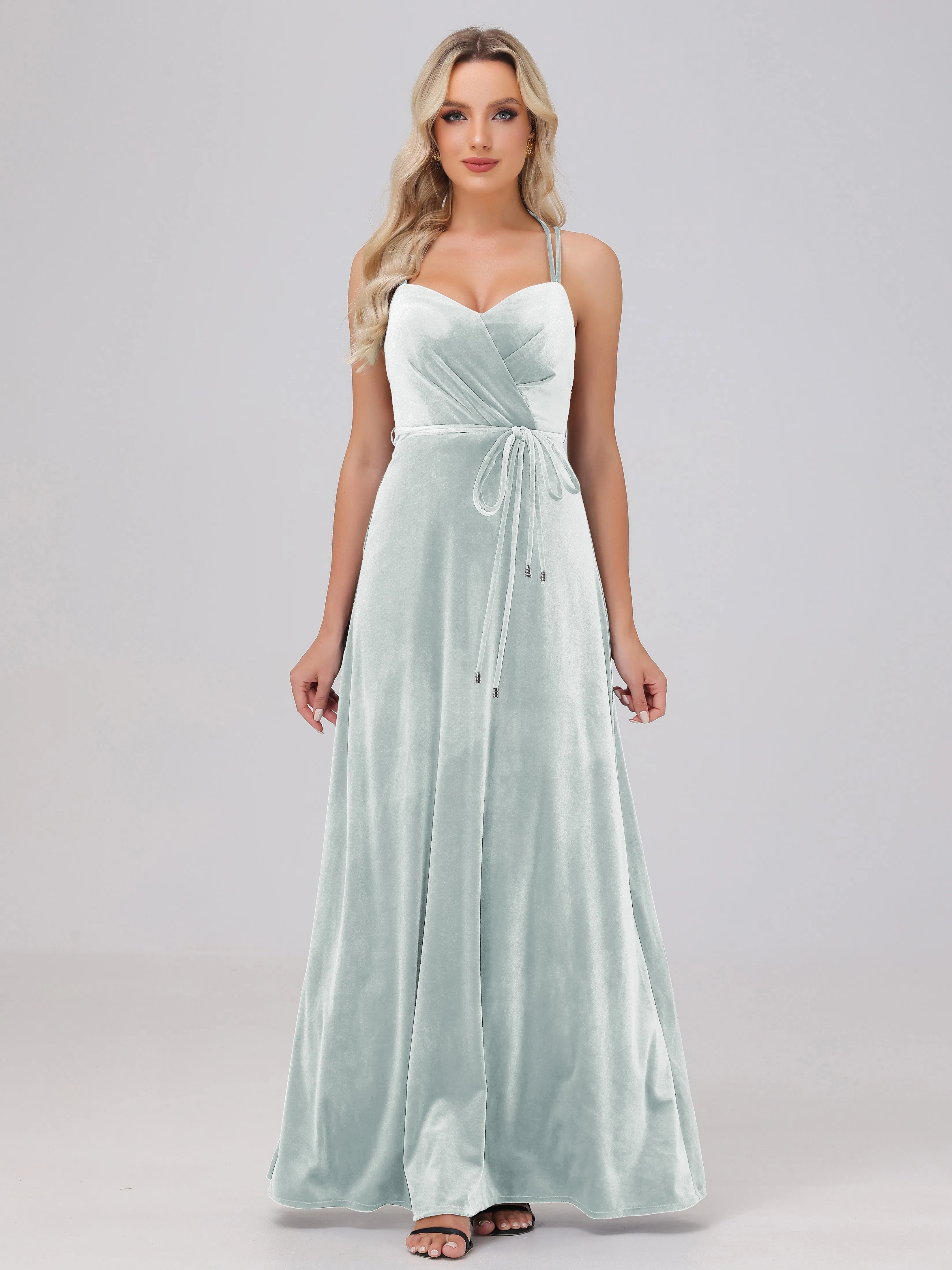 A-Line Sweetheart Criss-Cross Straps Long Velvet Bridesmaid Dresses