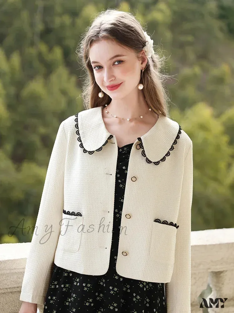 Apricot French Lace Peter Pan Collar Little Scented Solid Cardigan Coat