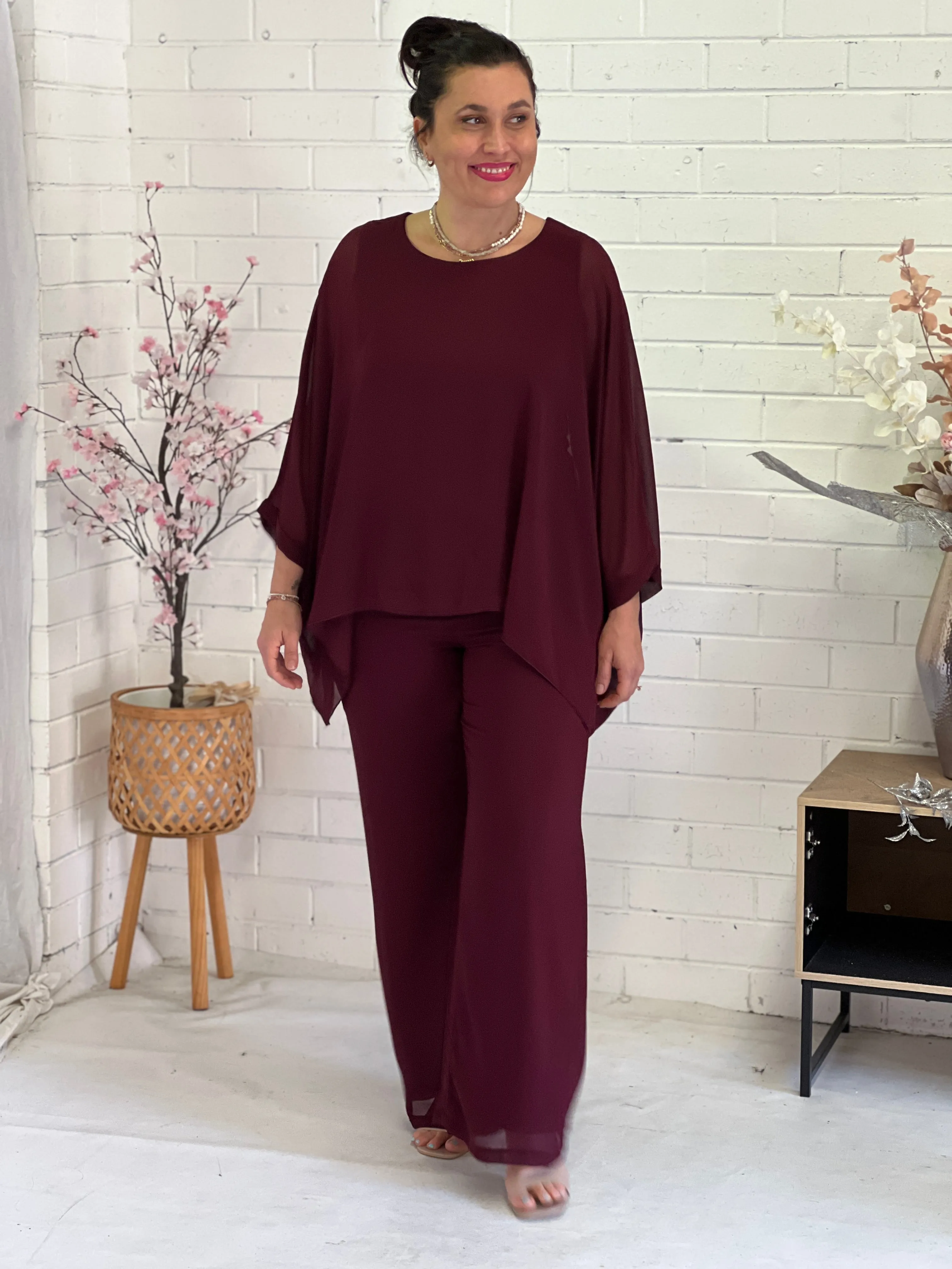 Aria Burgundy Chiffon Evening Top