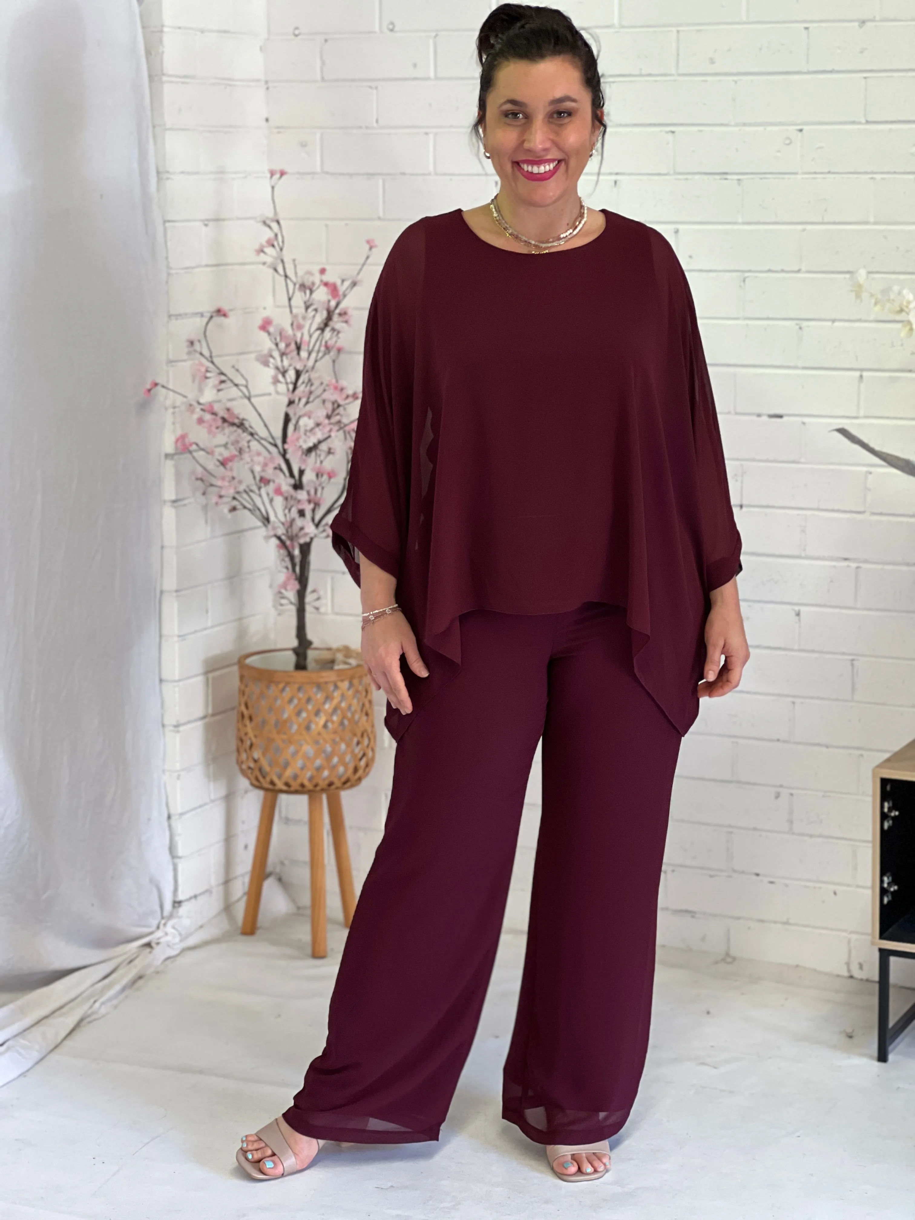 Aria Burgundy Chiffon Evening Top