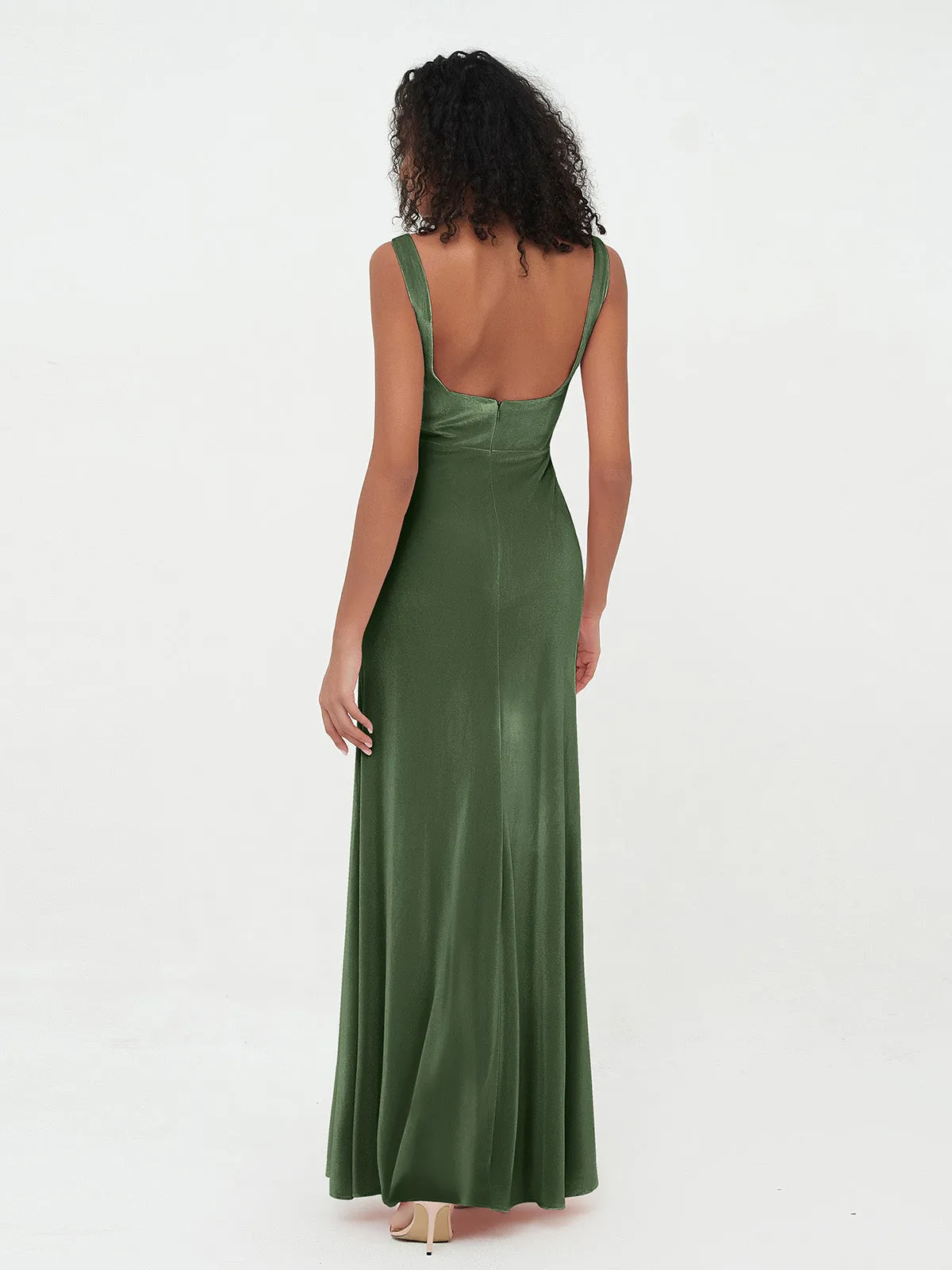 Bateau Neck Mermaid Long Velvet Dresses Olive Green Plus Size