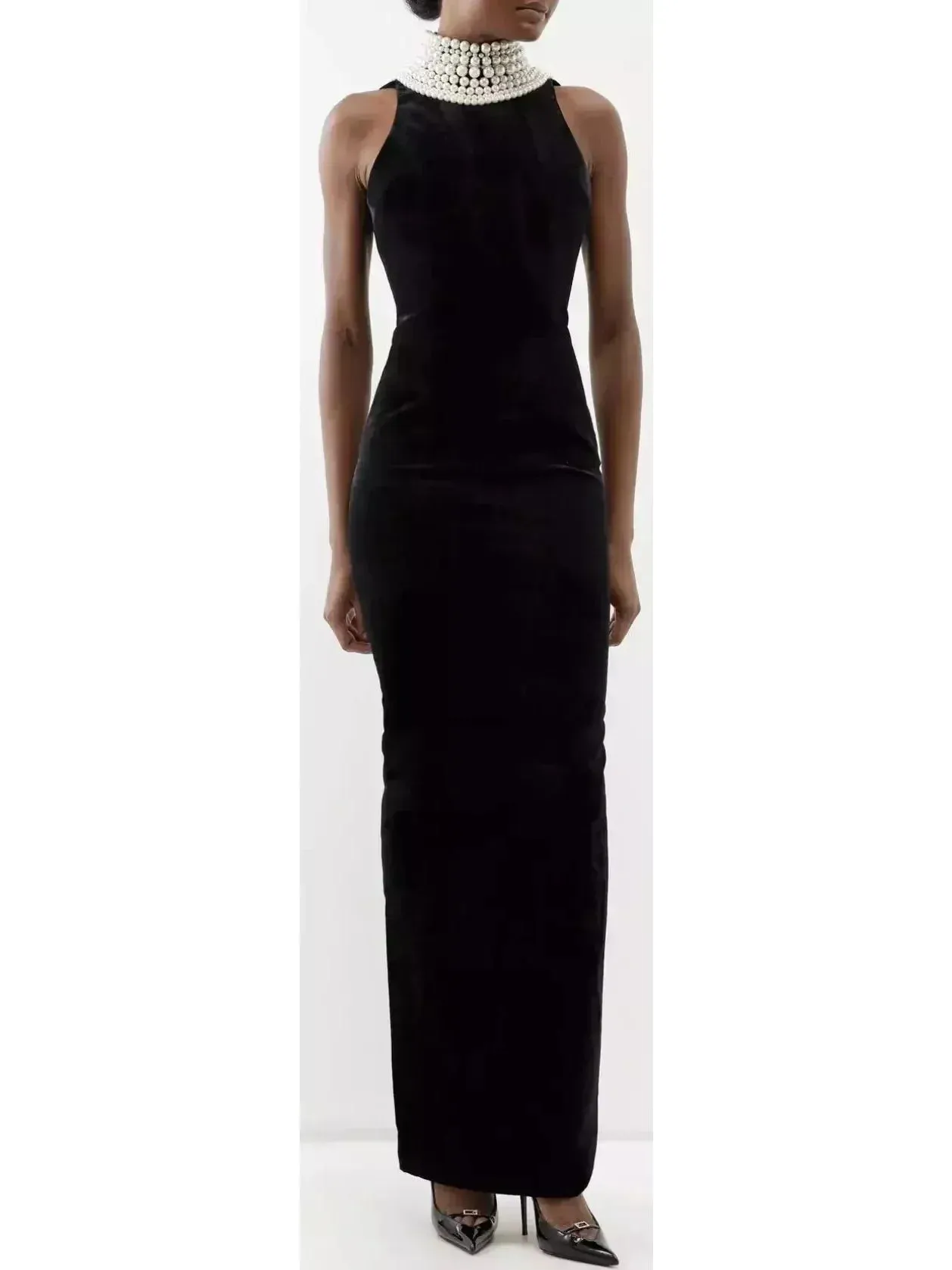 Bead-Halterneck Long Velvet Dress