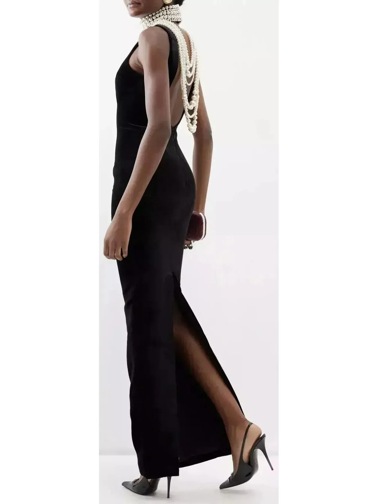 Bead-Halterneck Long Velvet Dress