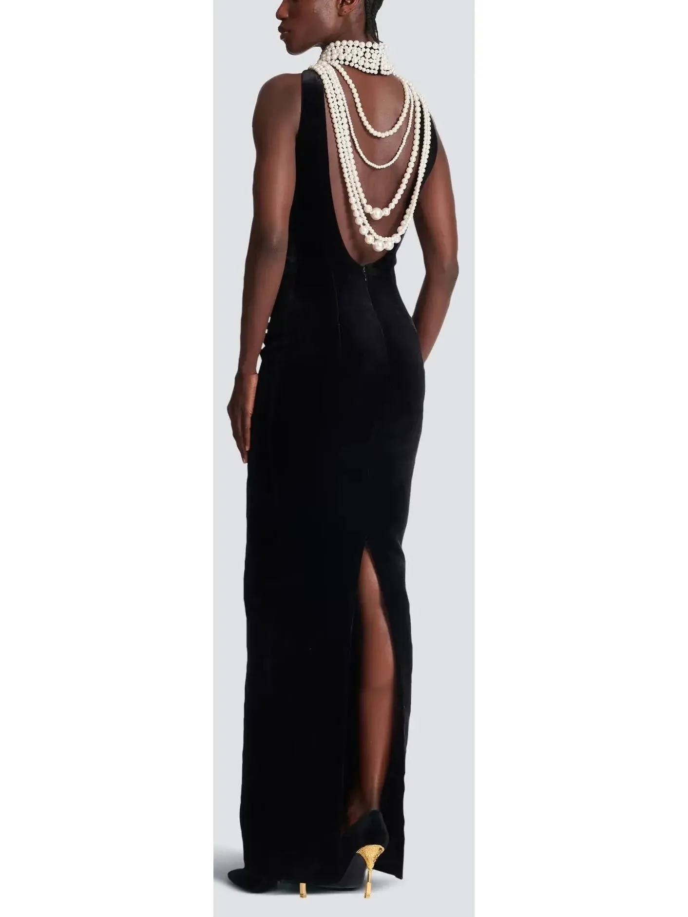 Bead-Halterneck Long Velvet Dress