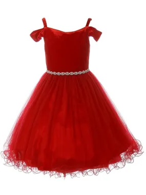 Big Girls Burgundy Rhinestone Velvet Off-Shoulder Christmas Dress 8-14