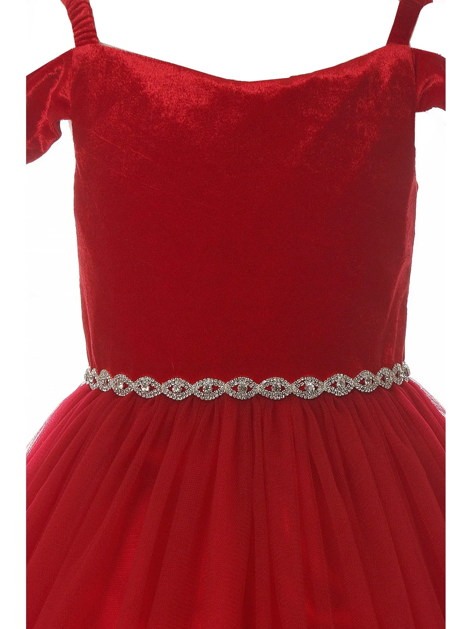 Big Girls Burgundy Rhinestone Velvet Off-Shoulder Christmas Dress 8-14