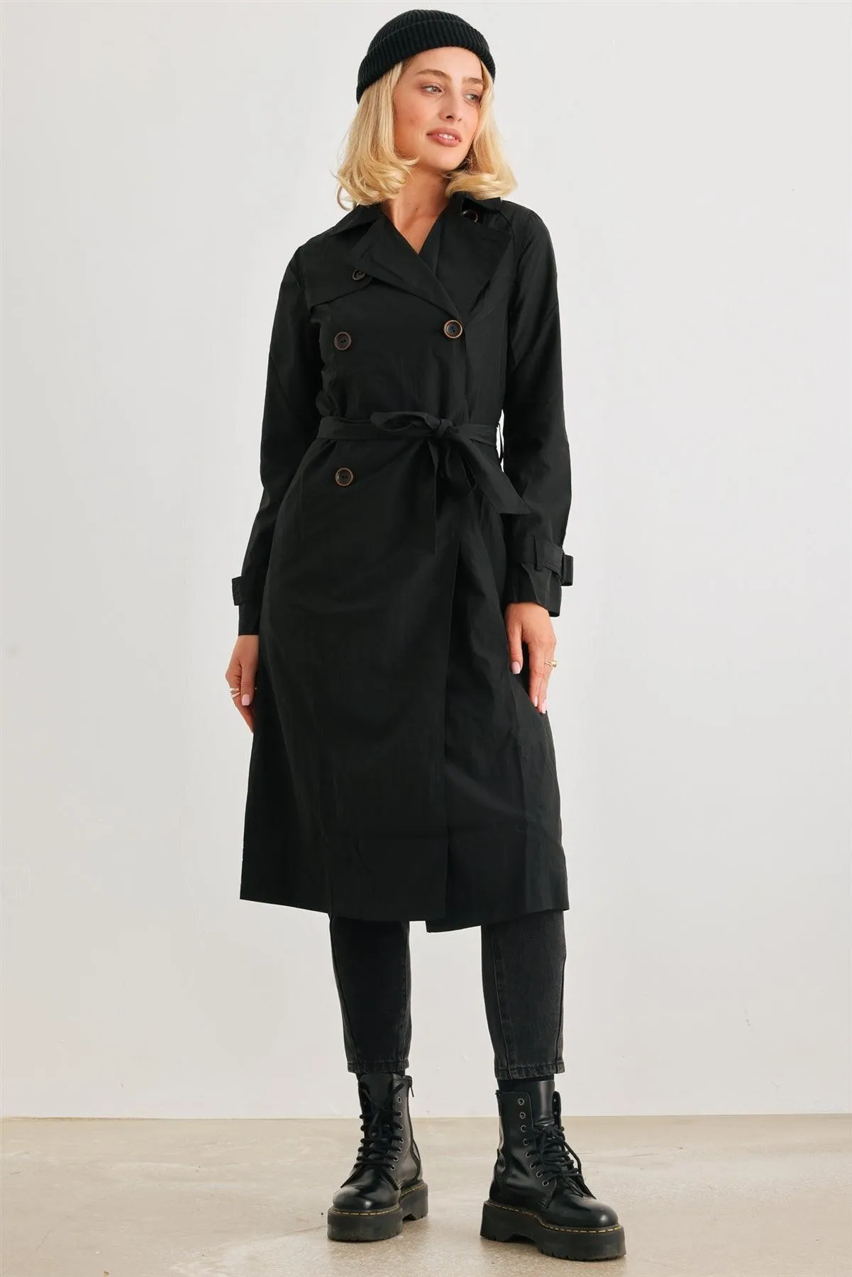 Black Double-Breasted Two Pocket Belted Collared Neck Trench Coat