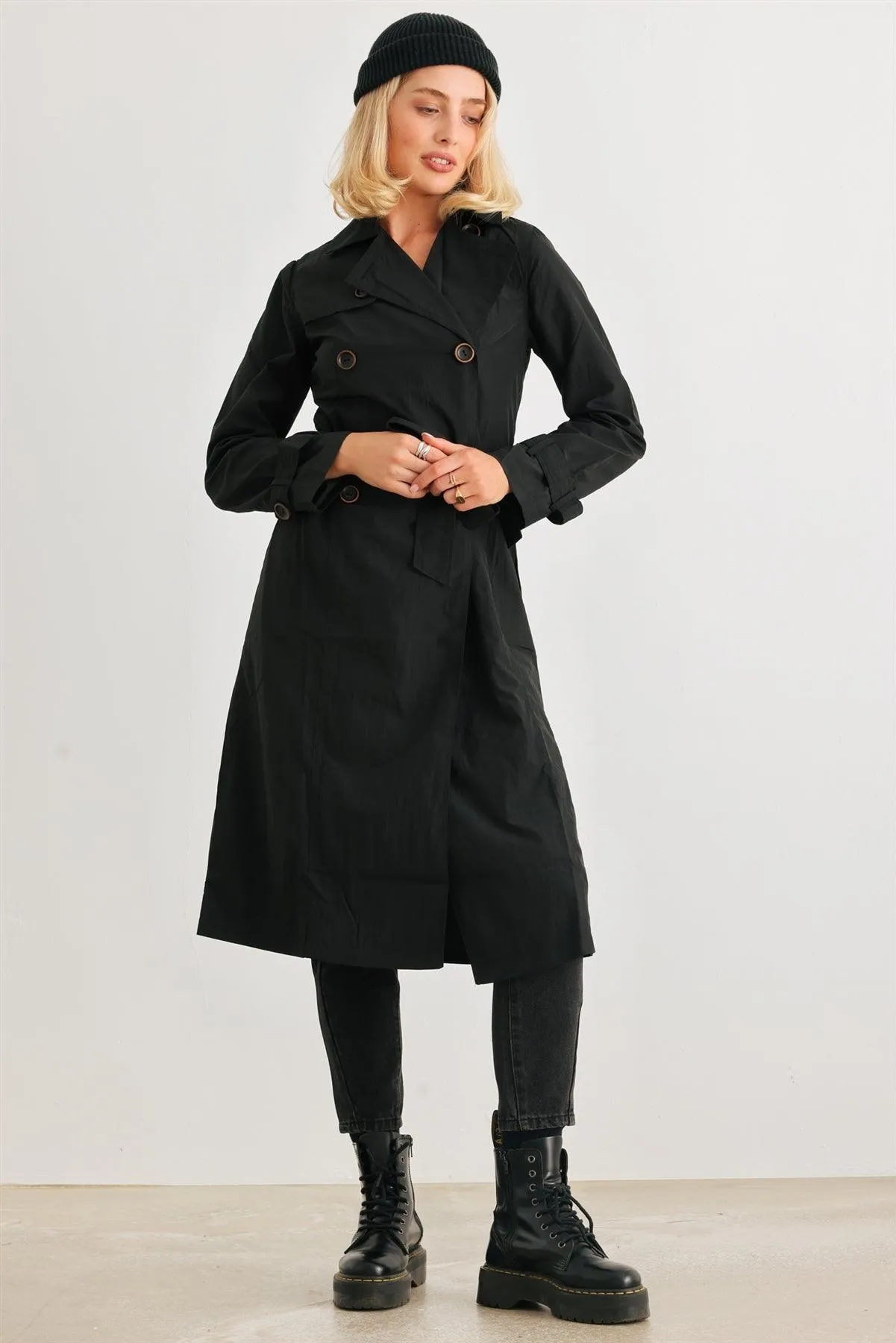 Black Double-Breasted Two Pocket Belted Collared Neck Trench Coat