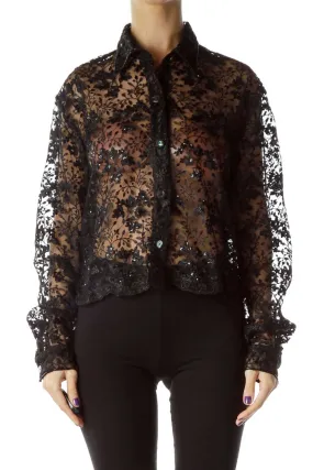 Black Sequined Embroidered Shirt