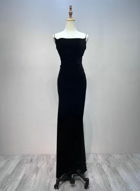 Black Velvet A-line Straps Wedding Party Dress, Black Long Evening Dress Prom Dress