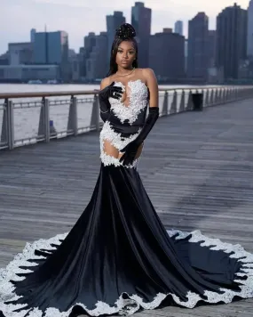 Black White Mermaid Long Evening Party Dresses Sexy See Through Luxury Applique Prom Birthday Dress with Gloves Velvet