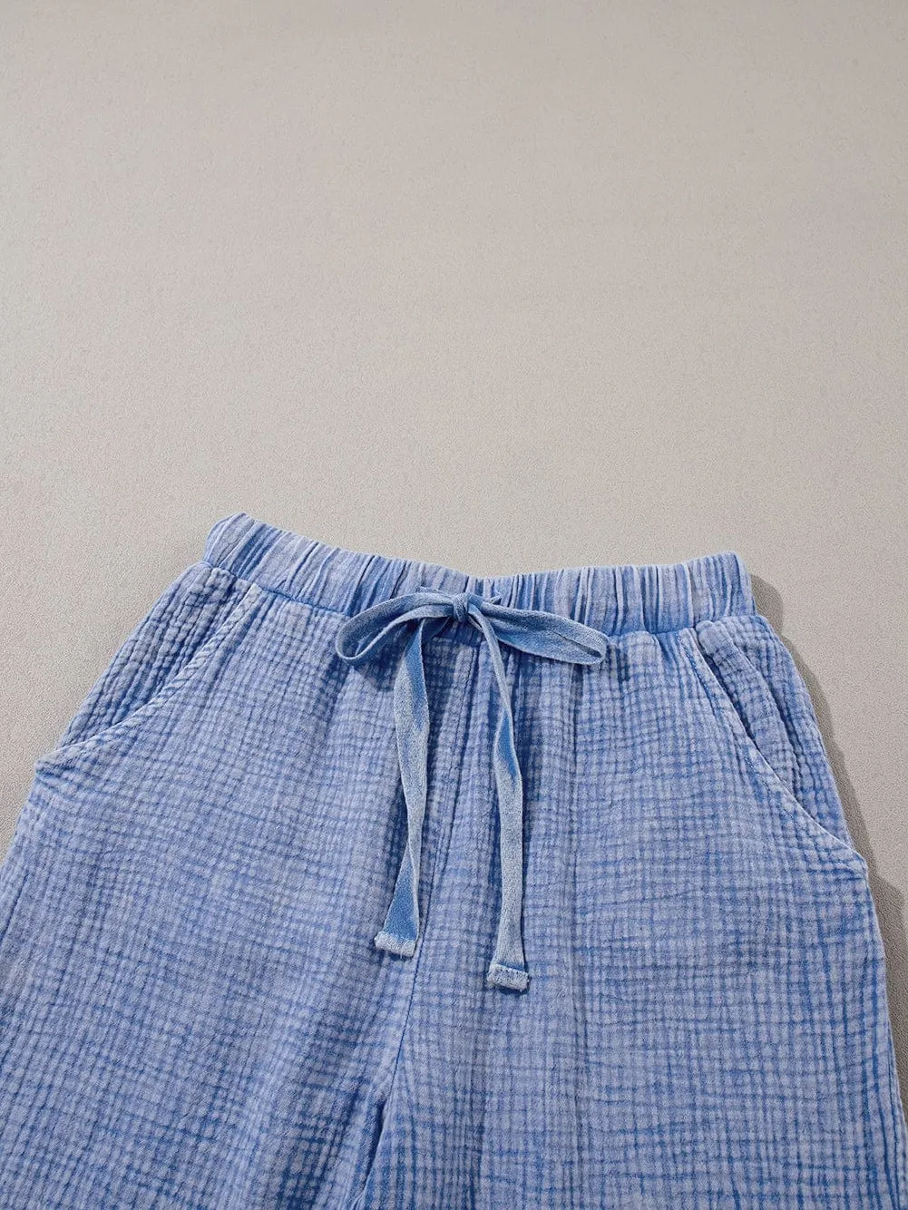 Blue Washed Elastic Waist Straight Leg Cotton Pants with Unique Texture