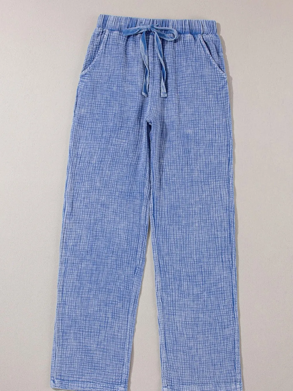 Blue Washed Elastic Waist Straight Leg Cotton Pants with Unique Texture