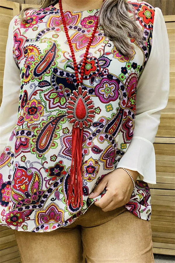 BQ15284 Paisley multi color printed off-white chiffon/ruffle long sleeve women tops