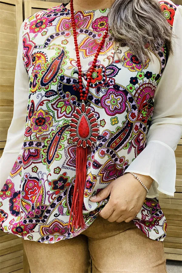 BQ15284 Paisley multi color printed off-white chiffon/ruffle long sleeve women tops