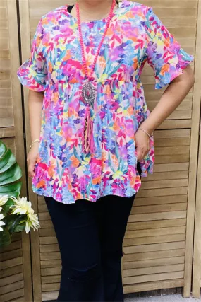 BQ15647 Colorful floral printed short sleeve w/ruffle baby-doll women blouse/tops