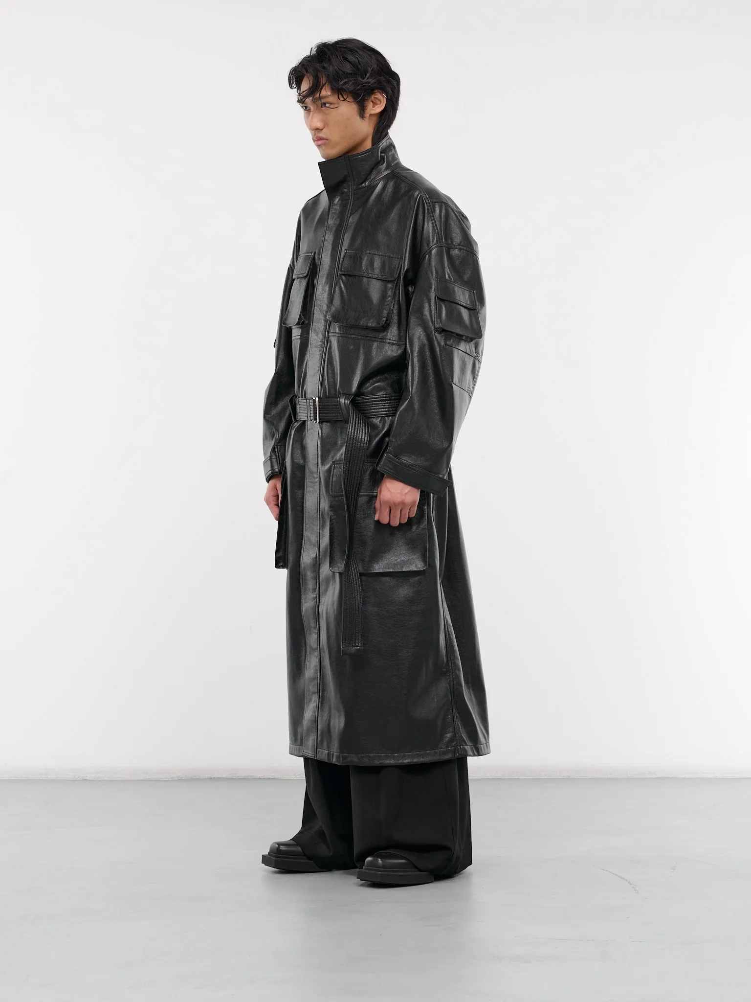 Cargo Faux Leather Trench Coat (MC017LE-GFL-BLACK)