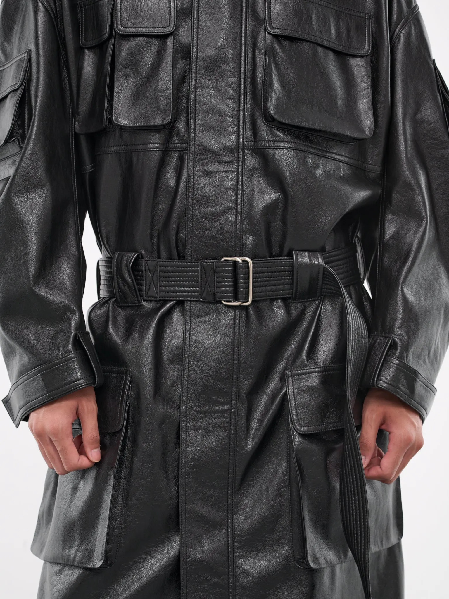 Cargo Faux Leather Trench Coat (MC017LE-GFL-BLACK)