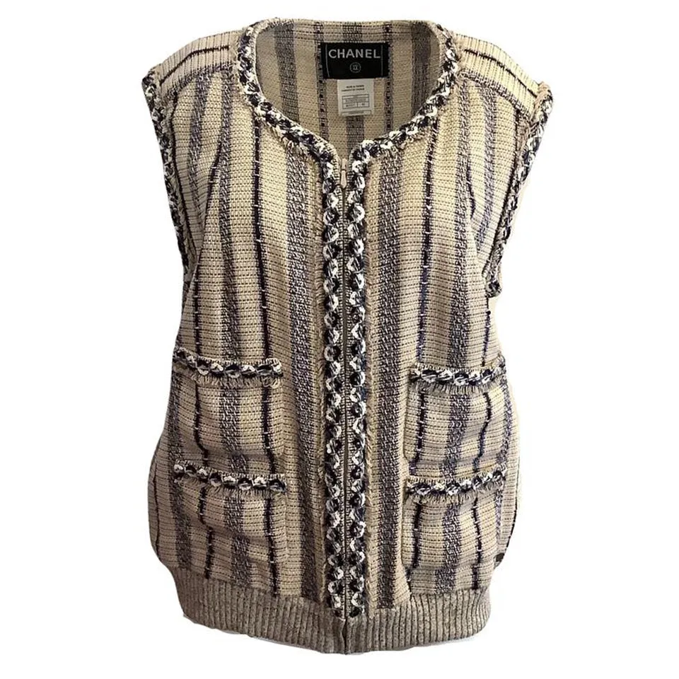 Chanel Beige / Navy Tweed Sequined Vest