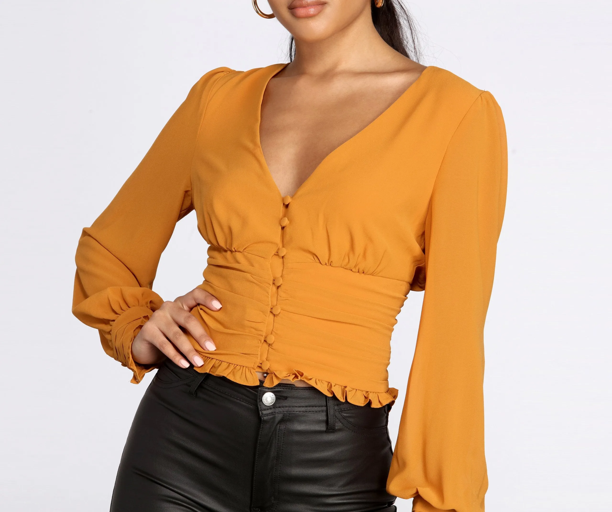 Chiffon Ruched Waist Cropped Blouse