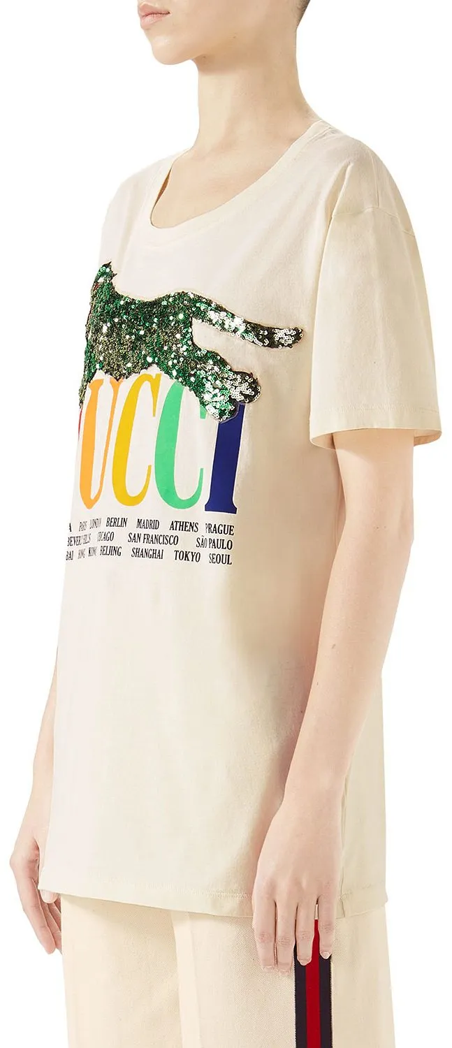 'Cities' Crewneck Short-Sleeve Cotton T-Shirt with Sequined Panther Detail