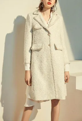 Classic White Tweed Long Trench Coat