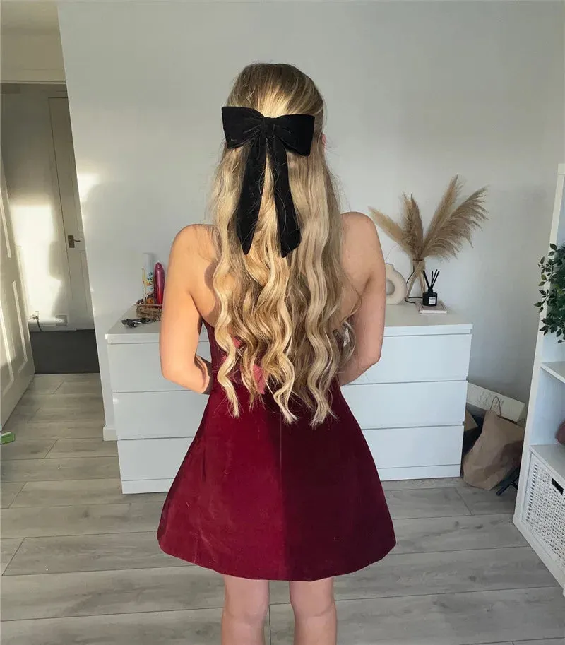 Classy mini teacup dress velvet backless strap A-line mini dress