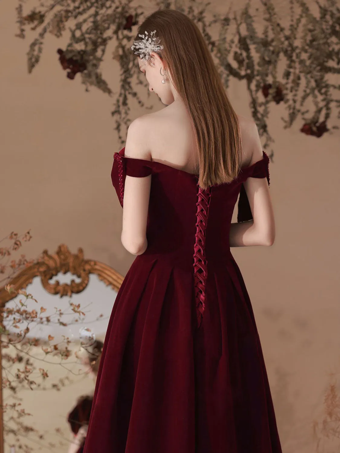 Classy Off The Shoulder Burgundy Velvet Prom Dress