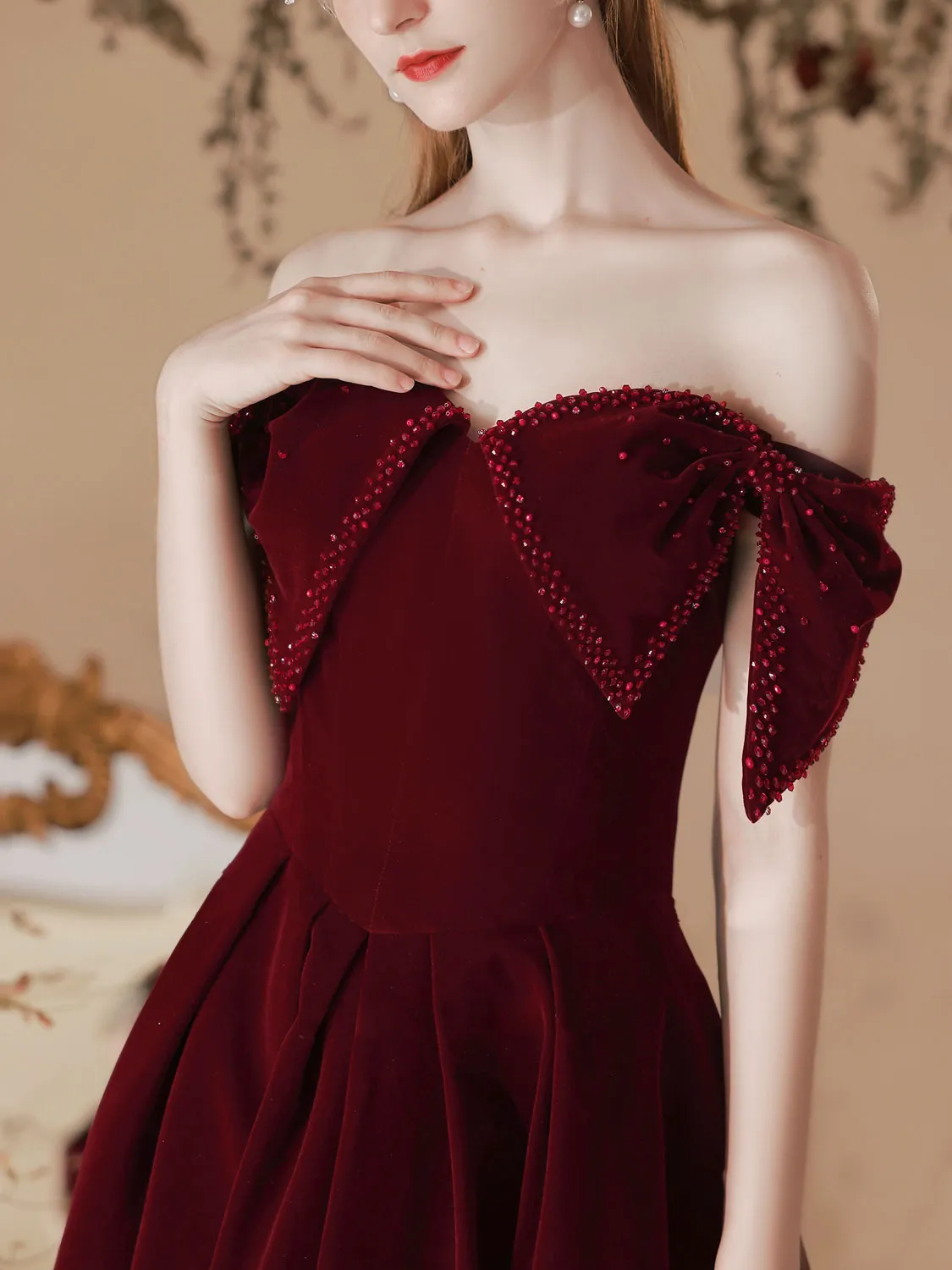 Classy Off The Shoulder Burgundy Velvet Prom Dress