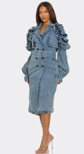 Denim Ruffle Sleeve Trench Coat (Ships 1/31)