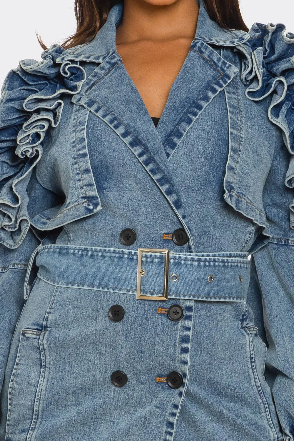 Denim Ruffle Sleeve Trench Coat (Ships 1/31)