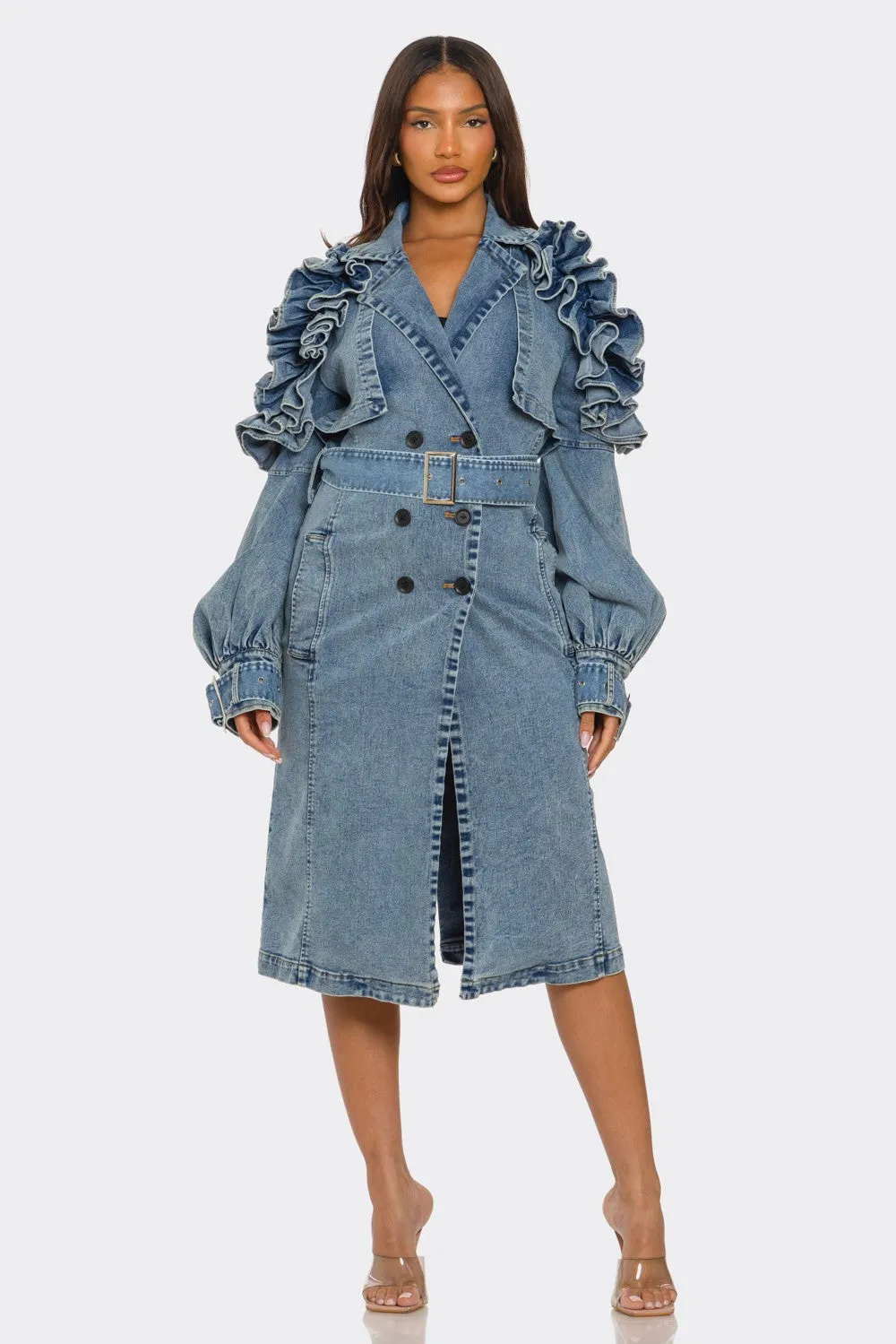 Denim Ruffle Sleeve Trench Coat (Ships 1/31)