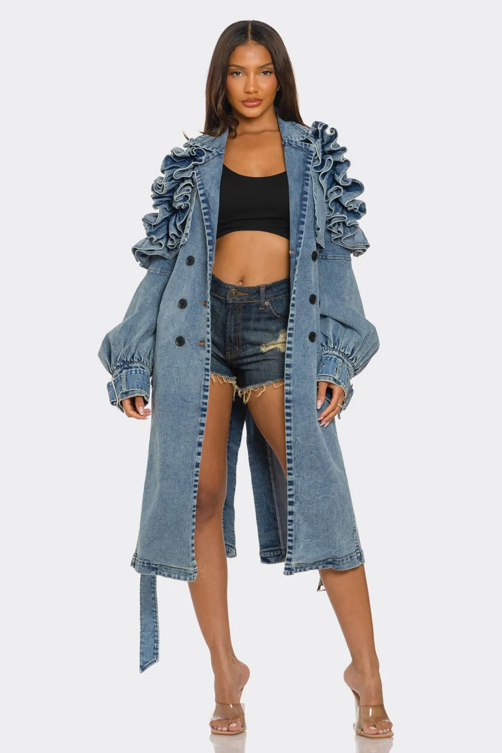 Denim Ruffle Sleeve Trench Coat (Ships 1/31)