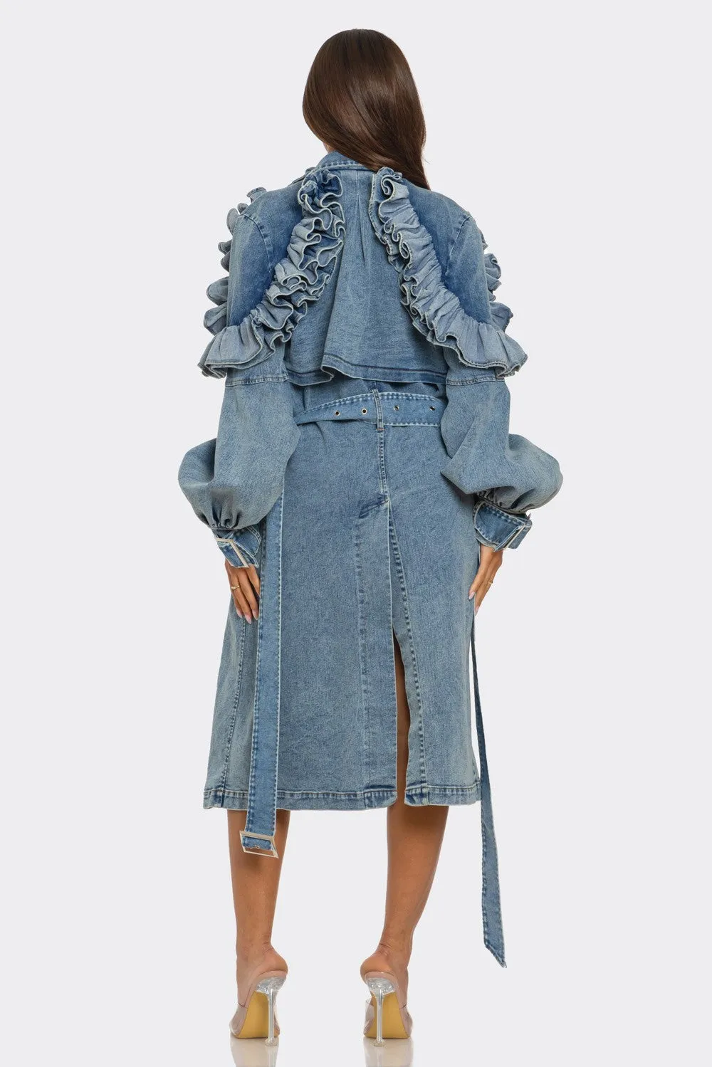 Denim Ruffle Sleeve Trench Coat (Ships 1/31)