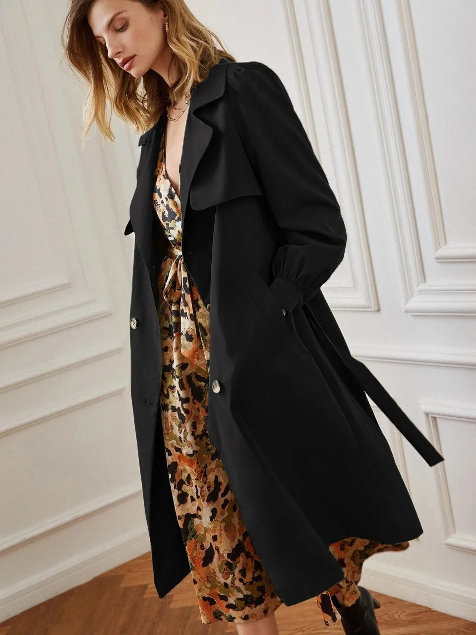 Double Breasted Bishop Sleeve Belted Trench Coat