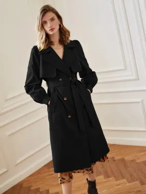 Double Breasted Bishop Sleeve Belted Trench Coat