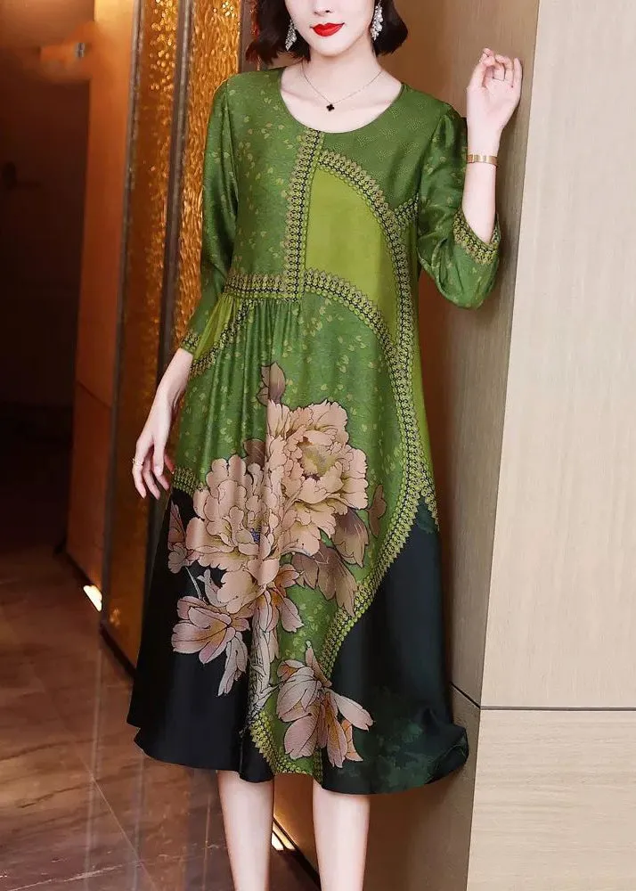 Elegant Green O Neck Print Patchwork Silk Long Dresses Spring OP1080