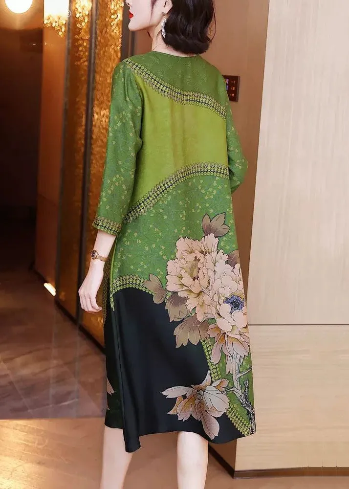 Elegant Green O Neck Print Patchwork Silk Long Dresses Spring OP1080