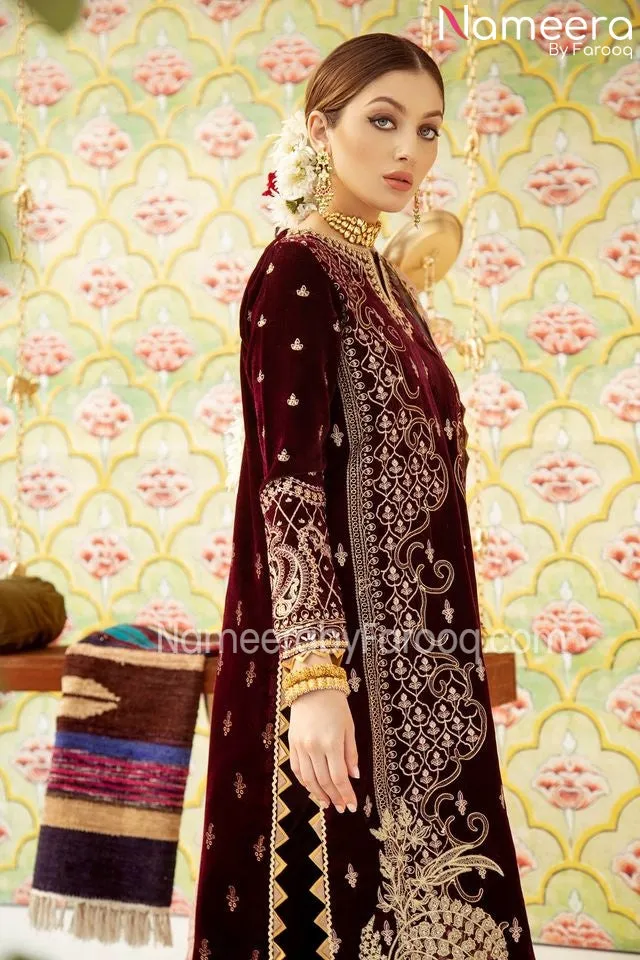 Elegant Red Velvet Pakistani Long Dresses 2021 #PN32