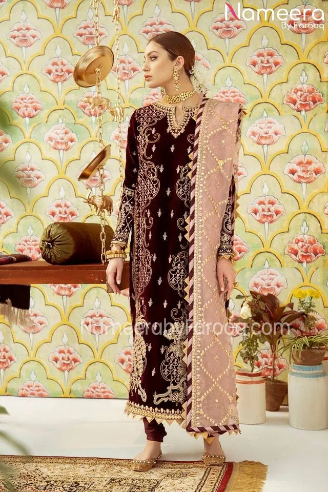 Elegant Red Velvet Pakistani Long Dresses 2021 #PN32