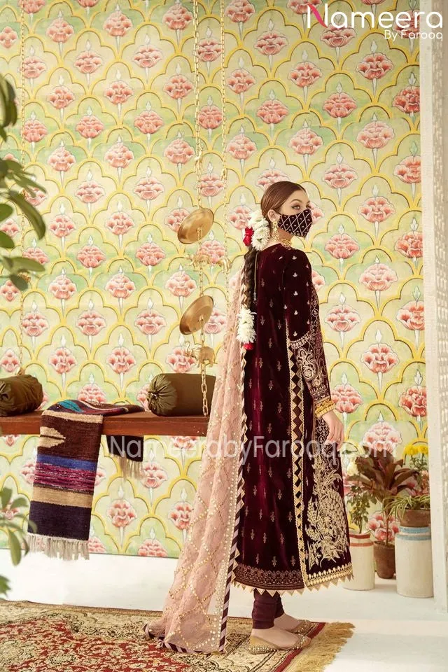 Elegant Red Velvet Pakistani Long Dresses 2021 #PN32