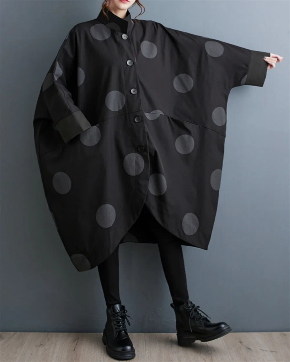 ellazhu Women's Casual Vintage Batwing Polk Dots Coat Irregular Hem Outerwear GZ42