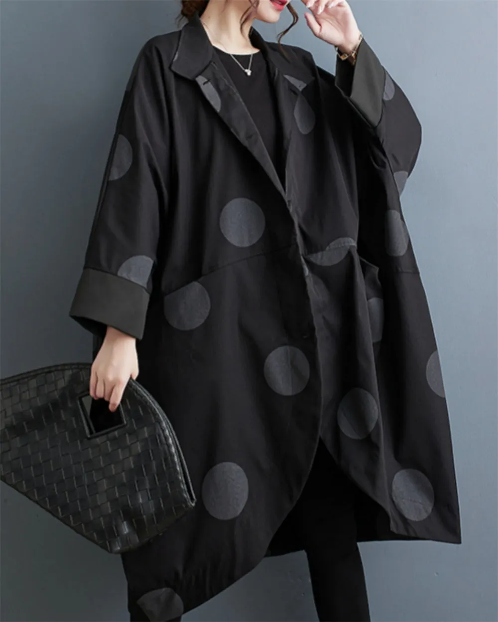 ellazhu Women's Casual Vintage Batwing Polk Dots Coat Irregular Hem Outerwear GZ42