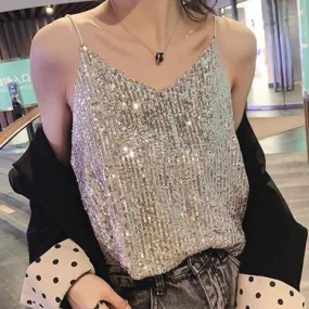 Glittering Sequin V neck Sling Vest Women's Short